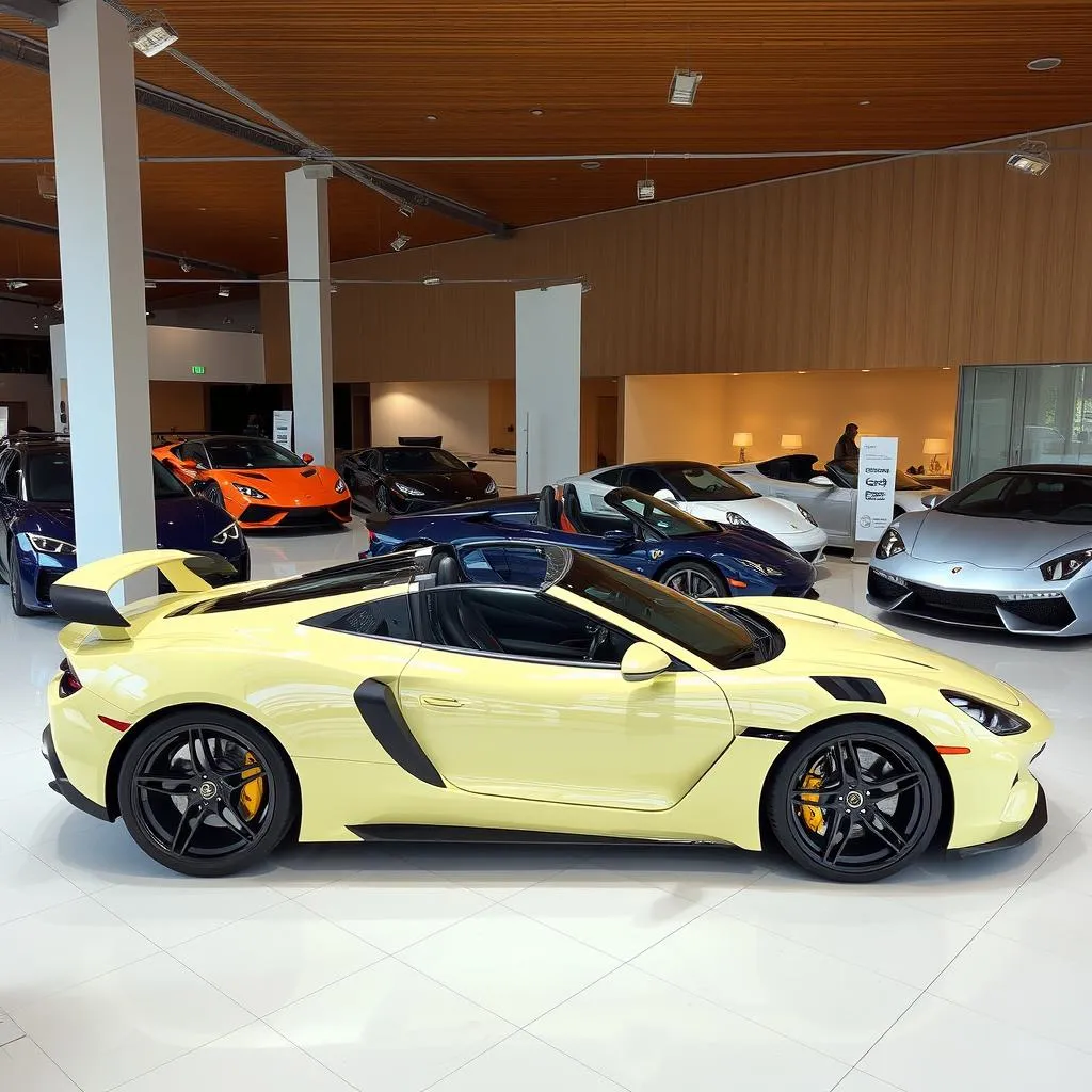 Carro esportivo amarelo em showroom premium